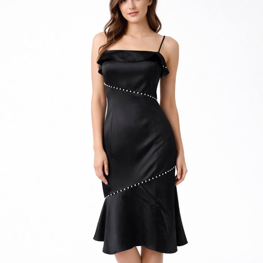 Aidan Mattox Black Satin Spaghetti-Strap Prom Dress with Pearl Trim